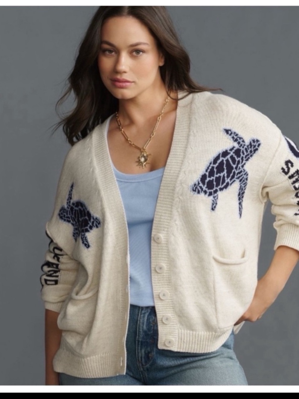Anthropologie Pilcro Relaxed Sea Turtle Nautical Cardigan Sweater, M - Picture 4 of 17